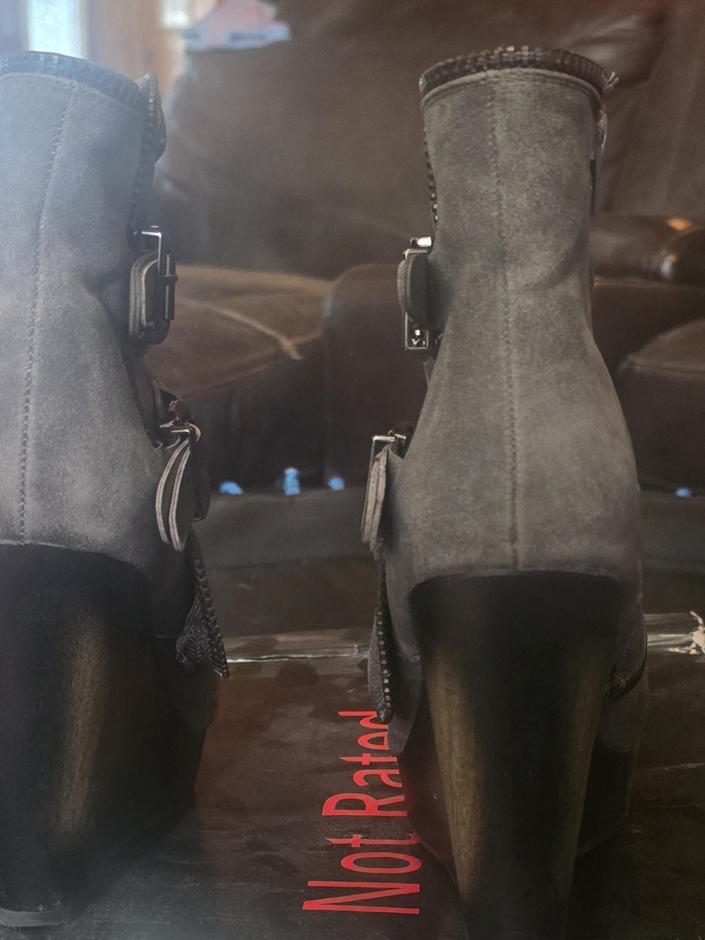 Not Rated Gray Suede Buckle Wedge Ankle Boots - Picture 6 of 12